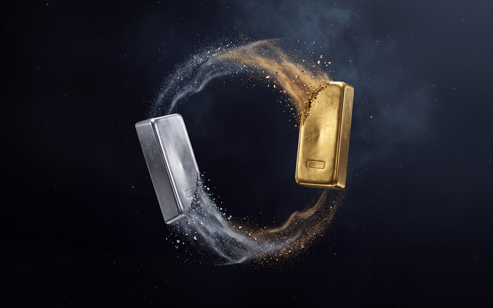 Goldbarren und Silberbarren in einem Ring aus Gold- und Silberstaub